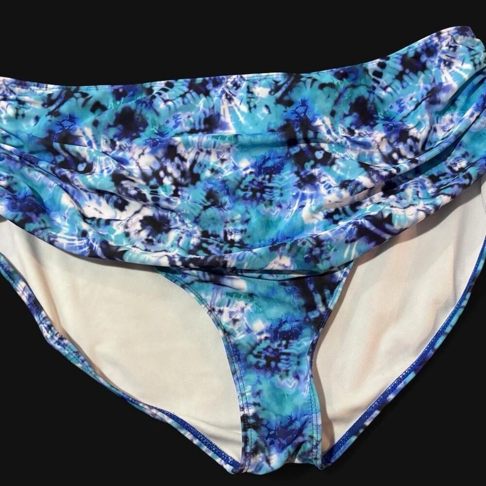 Plus Size 4XL High Waist Swim Bikini Bottom Blue Teal Ruched Tie Dye Brief